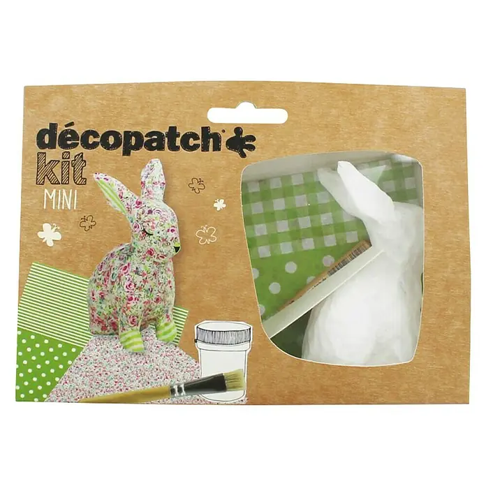 Décopatch Pieza decorativa mini Kit Conejo - Material: Cartón, Pieza conejo, 2 modelos diferentes de papel décopatch (1 hoja/modelo), barniz cola Décopatch y pincel - Vista frontal