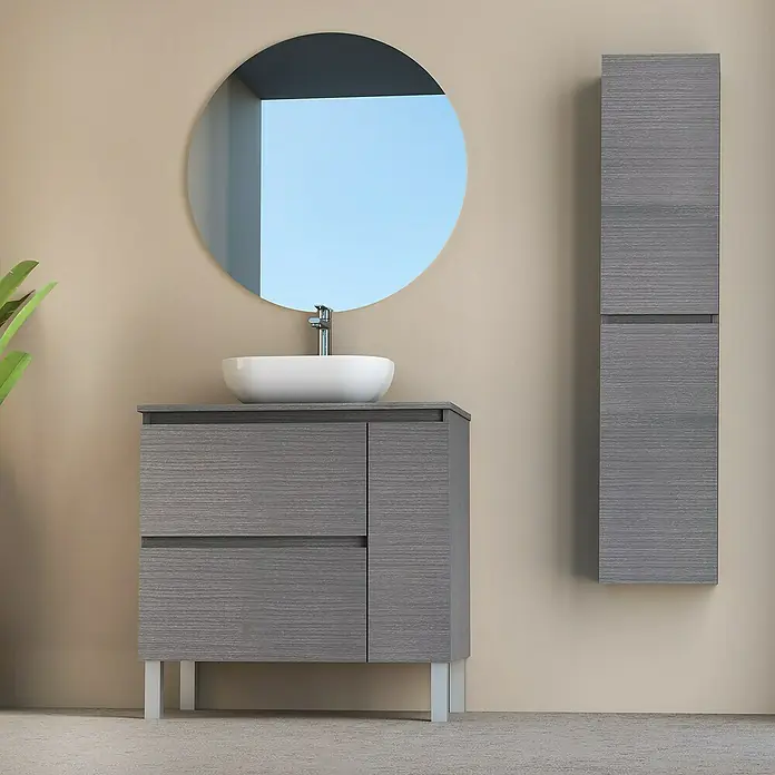 Conjunto de mueble de baño Oval - 80 cm, 4 piezas, Ceniza, Mate - Foto ambiente