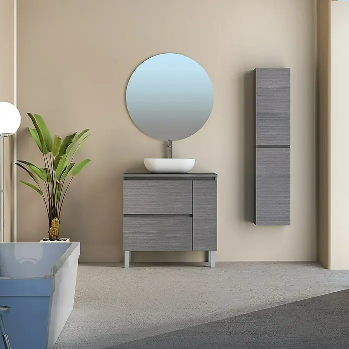 Conjunto de mueble de baño Oval - 80 cm, 4 piezas, Ceniza, Mate - Foto ambiente