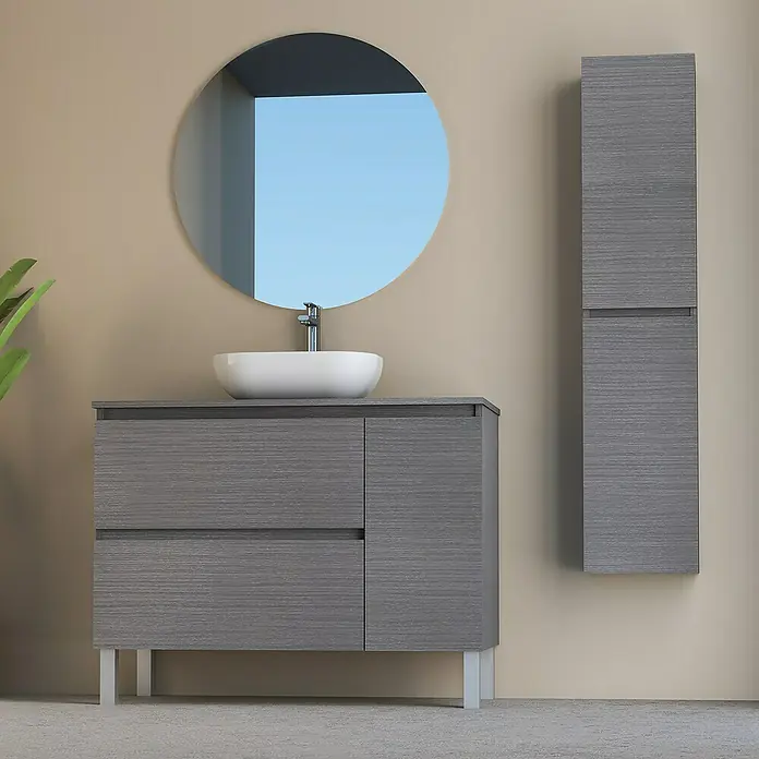 Conjunto de mueble de baño Oval - 100 cm, 4 piezas, Ceniza, Mate - Foto ambiente