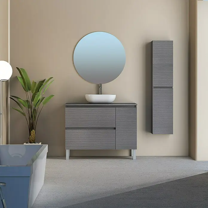 Conjunto de mueble de baño Oval - 100 cm, 4 piezas, Ceniza, Mate - Foto ambiente
