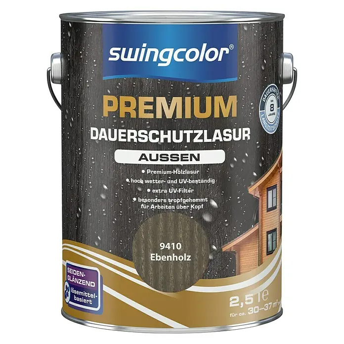 swingcolor Premium Dauerschutzlasur - Ebenholz, 2,5 l, Seidenglänzend, Lösemittelbasiert - Vorderansicht