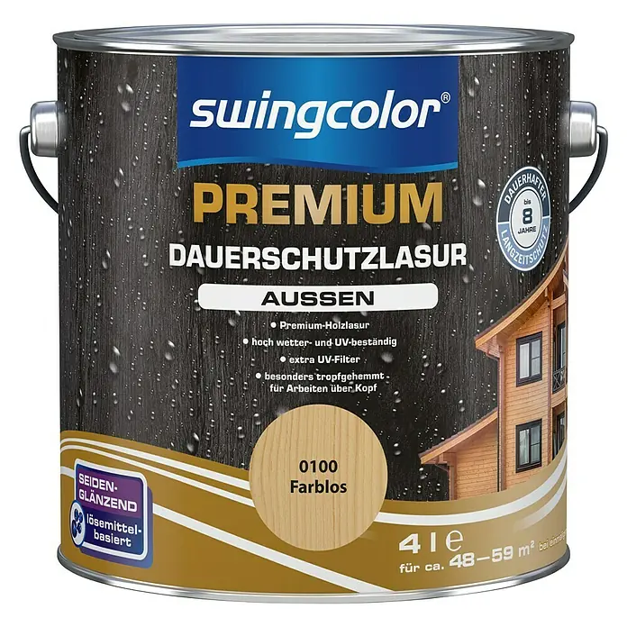 swingcolor Premium Dauerschutzlasur - Farblos, 4 l, Seidenglänzend, Lösemittelbasiert - Vorderansicht