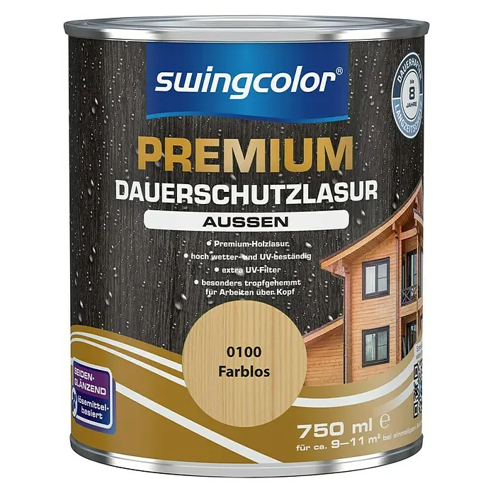 swingcolor Premium Dauerschutzlasur - Farblos, 750 ml, Seidenglänzend, Lösemittelbasiert - Vorderansicht