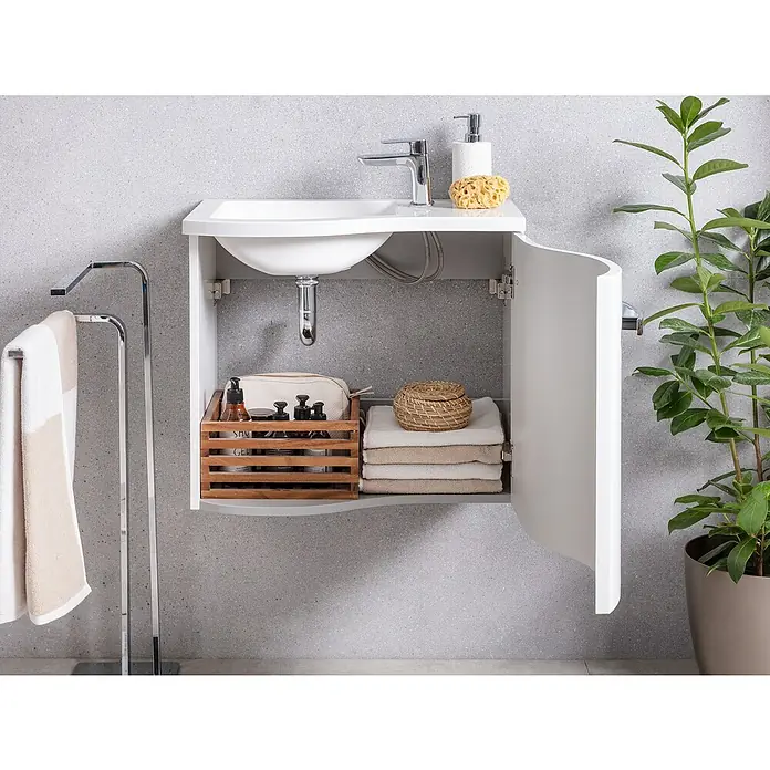 Camargue Wave Mini Waschtischunterschrank - 59 x 39,1 x 49,8 cm, Links, Grafit, Hochglanz - Stimmungsaufnahme