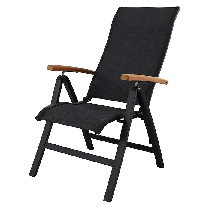 Sunfun Melina Sklopiva stolica s pozicijama - Š x D x V: 63 x 69 x 110 cm, tikovina/tekstil/aluminij, Crne boje, S podesivim naslonom za leđa - Dijagonalni pogled