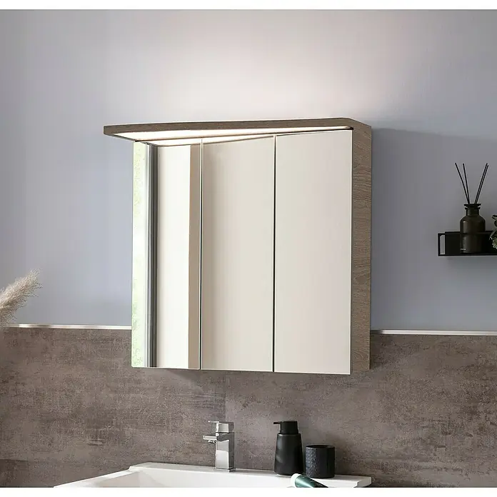 Camargue Lineo LED-Spiegelschrank - B x H: 70,4 x 70,2 cm, Mit Beleuchtung, Spanplatte, Eiche Maron, Links - Stimmungsaufnahme