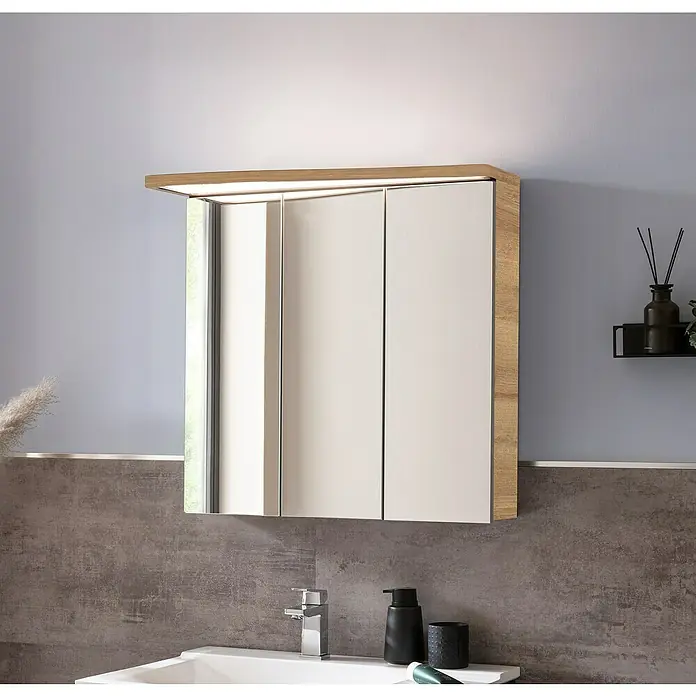 Camargue Lineo LED-Spiegelschrank - B x H: 70,4 x 70,2 cm, Mit Beleuchtung, Spanplatte, Berg Eiche, Links - Stimmungsaufnahme