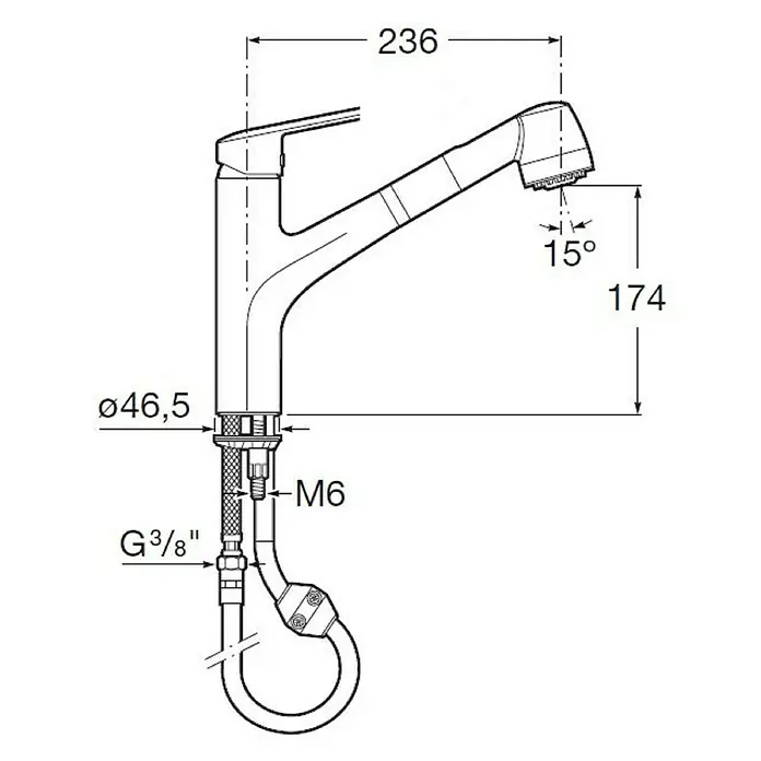 Roca Mitos Grifo de cocina - Cromo, Brillante, Grifo extraíble - Dibujo técnico