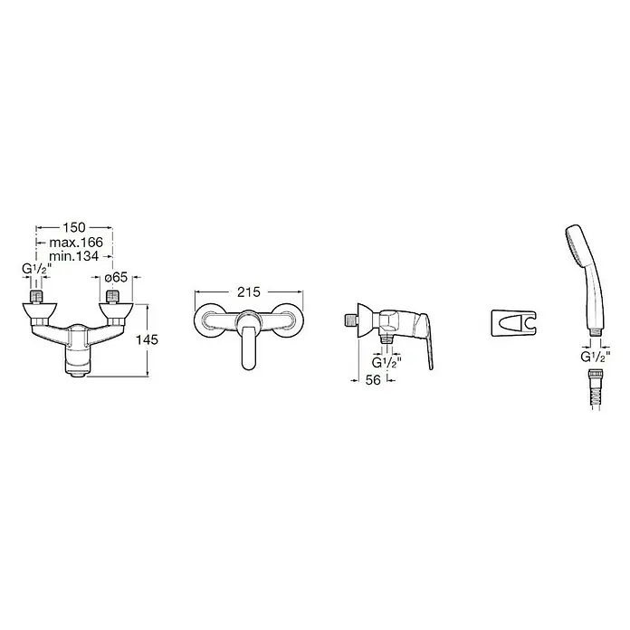 Roca Mitos Grifo monomando de ducha - Cromo, Brillante - Dibujo técnico