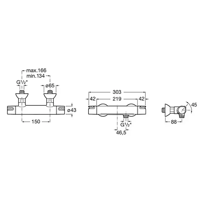 Roca Mitos Grifo termostático de ducha - Cromo, Brillante - Dibujo técnico