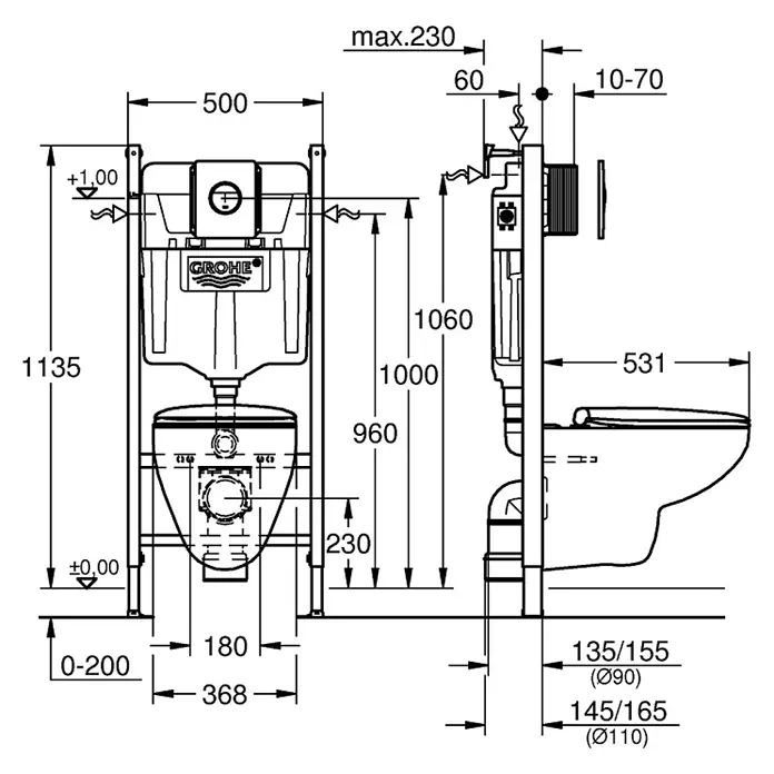 Grohe Set WC suspendido BAU - Salida WC: Horizontal, Blanco/Cromo - Dibujo técnico