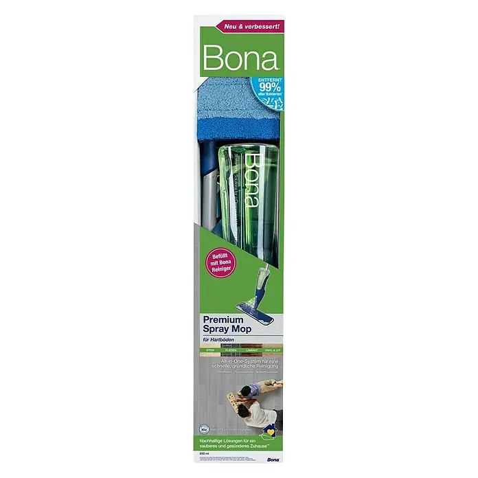 Bona Spray Mop für Fliesen- und Laminatböden - Mikrofaser, 1 x Bona Spray Mop, 1 x Bona Spray Mop Refiller (Kartusche), 1 x Bona Mikrofaser-Reinigungspad - Vorderansicht