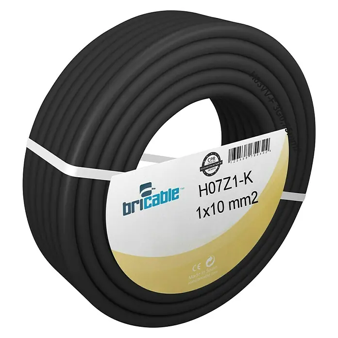 Bricable Cable unipolar Fase - H07Z1-K1x10, 50 m, Negro - Vista angular
