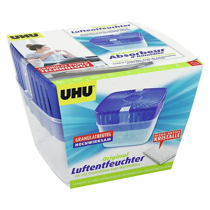 UHU Luftentfeuchter Originalpack - 1 x Luftentfeuchter 450 g - Diagonale Ansicht
