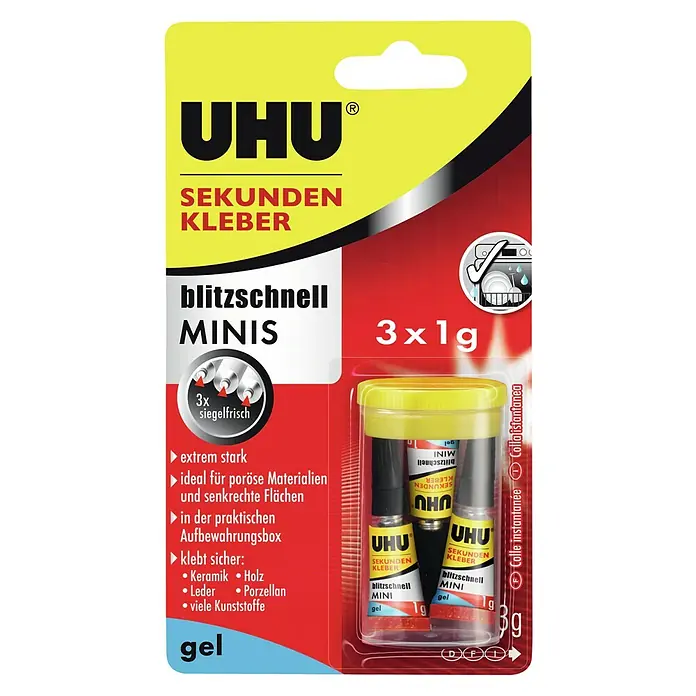 UHU Sekundenkleber Blitzschnell - 3 x 1 g, Minituben in Aufbewahrungsbox, Gelartig - Vorderansicht