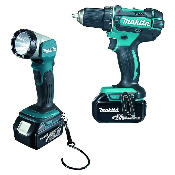 Makita Akku-Bohrschrauber mit Akku Lampe - 18 V, 3 Akkus, 3 Ah, Leerlaufdrehzahl: 0 U/min - 1.900 U/min - Diagonale Ansicht