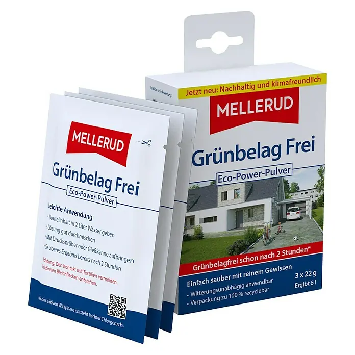 Mellerud Grünbelag-Entferner Grünbelag Frei Eco-Power-Pulver - 66 g - Diagonale Ansicht