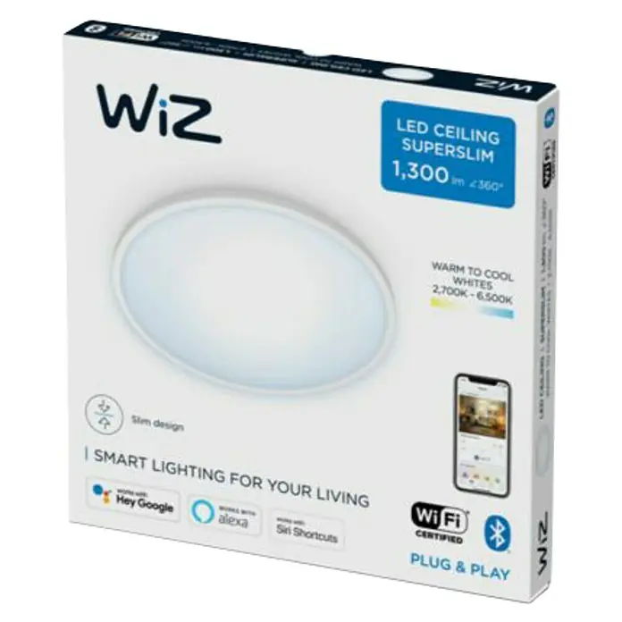 WiZ Plafón LED redondo Superslim - 16 W, Ø x Al: 29,2 x 2,3 cm, Color del marco: Blanco, Blanco frío - Vista angular