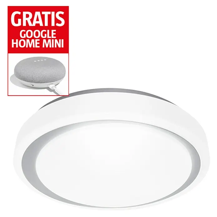 Ledvance Plafón LED redondo Moon y altavoz Google Home Mini - 26 W, Ø x Al: 38 x 8,5 cm, Gris, Temperatura de color ajustable: Continua - Vista angular