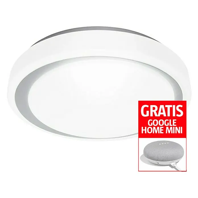 Ledvance Plafón LED redondo Moon y altavoz Google Home Mini - 26 W, Ø x Al: 38 x 8,5 cm, Gris, Temperatura de color ajustable: Continua - Vista angular