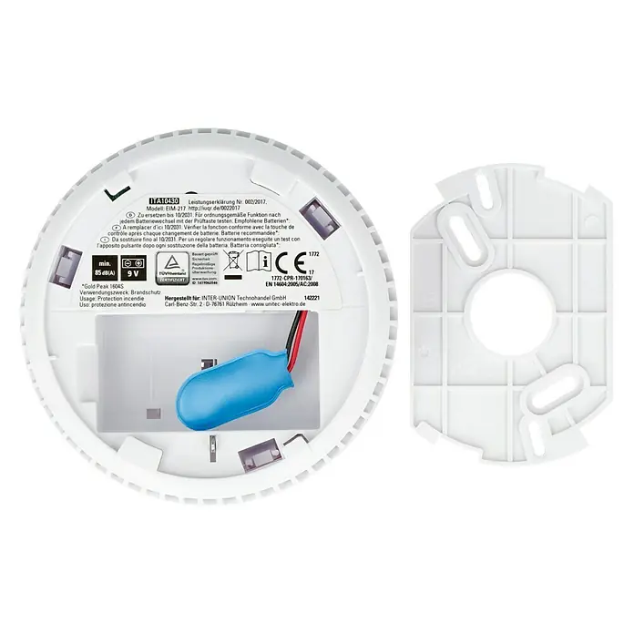 UniTEC Rauchwarnmelder - Durchmesser: 9 cm, Batterielaufzeit: 1 Jahr, 85 dB - Rückansicht