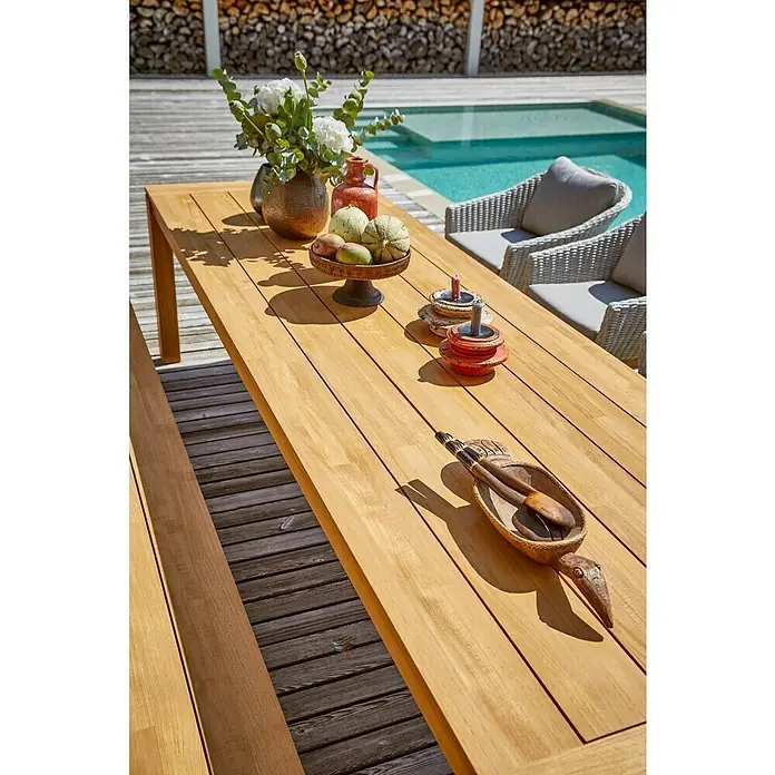 Sunfun Laura Gartentisch - L x B x H: 300 x 100 x 76 cm, Helles Teakholz - Stimmungsaufnahme