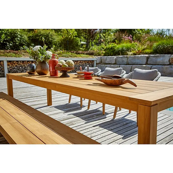 Sunfun Laura Gartentisch - L x B x H: 300 x 100 x 76 cm, Helles Teakholz - Stimmungsaufnahme