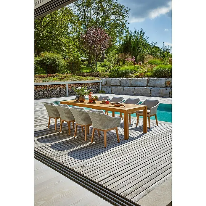 Sunfun Laura Gartentisch - L x B x H: 300 x 100 x 76 cm, Helles Teakholz - Stimmungsaufnahme