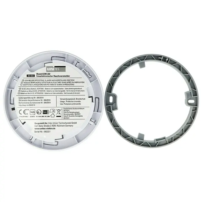 UniTEC Rauchwarnmelder Design - Durchmesser: 12,5 cm, Höhe: 2,5 mm, Batterielaufzeit: 10 Jahre, Alarmsignal: 85 dB, Weiß - Rückansicht