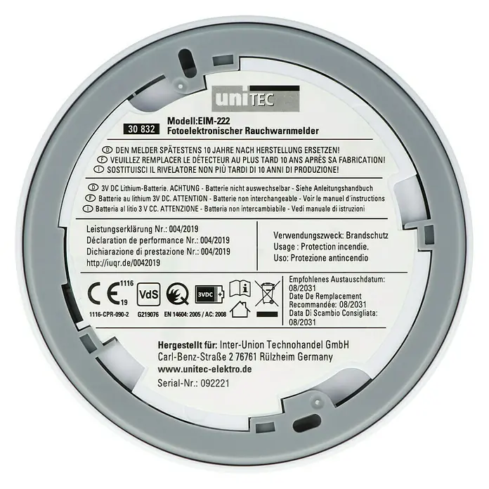 UniTEC Rauchwarnmelder Design - Durchmesser: 12,5 cm, Höhe: 2,5 mm, Batterielaufzeit: 10 Jahre, Alarmsignal: 85 dB, Weiß - Rückansicht