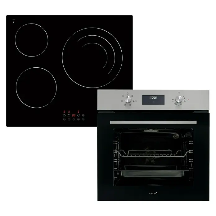 Cata Set de horno empotrado MDS 7205 X y vitrocerámica TDG 6003 BK - Número de tipos de calentamiento: 6 ud., Zona de cocción: 3 zonas de cocción, Negro/Acero inoxidable - Vista frontal