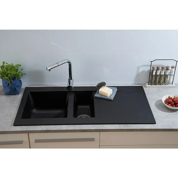 Respekta Einbauspüle Denver - 100 x 50 cm, 1½ Becken, Mineralite, Schwarz - Stimmungsaufnahme