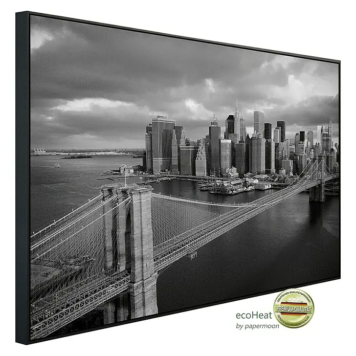Papermoon Infrarot-Bildheizkörper Brooklyn Bridge schwarz / weiss - 60 x 60 cm, 350 W - Diagonale Ansicht