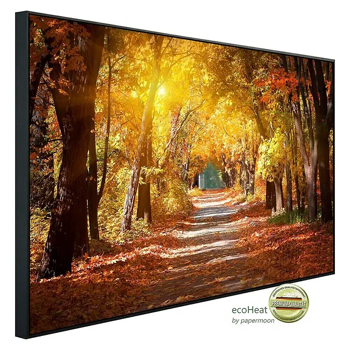Papermoon Infrarot-Bildheizkörper Gasse im Herbstpark - 120 x 60 cm, 1.200 W - Diagonale Ansicht