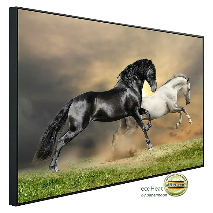 Papermoon Infrarot-Bildheizkörper Pferde schwarz weiss - 100 x 60 cm, 600 W - Diagonale Ansicht