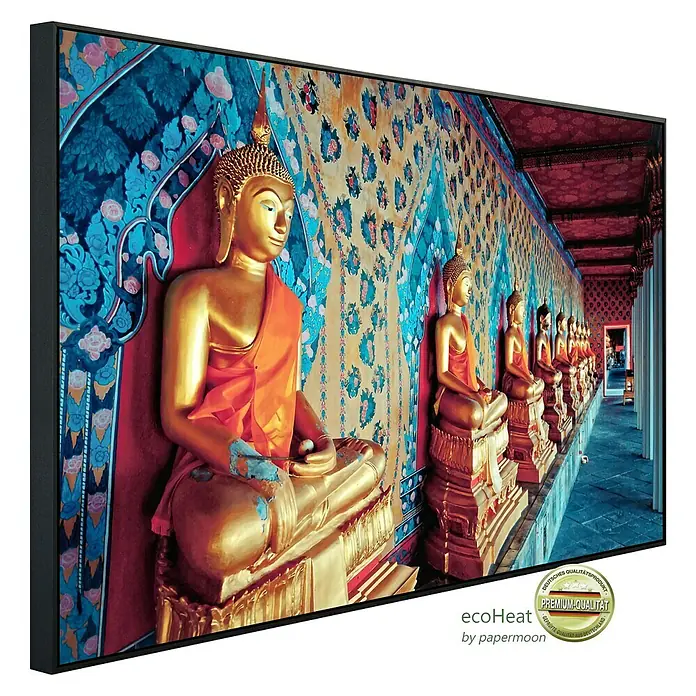 Papermoon Infrarot-Bildheizkörper Goldene Statuen Buddhas - 120 x 60 cm, 1.200 W - Diagonale Ansicht