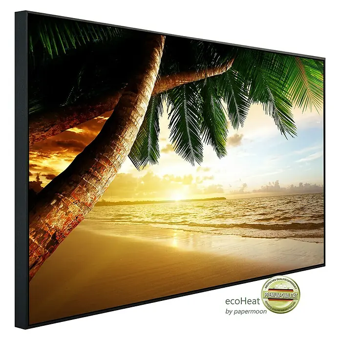 Papermoon Infrarot-Bildheizkörper Karibischer Strand Sonnenaufgang - 120 x 60 cm, 900 W - Diagonale Ansicht