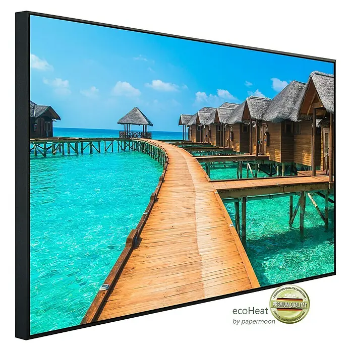 Papermoon Infrarot-Bildheizkörper Wasserbungalows - 80 x 60 cm, 450 W - Diagonale Ansicht