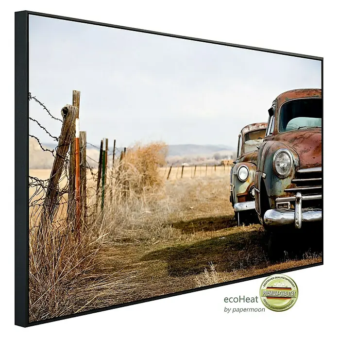Papermoon Infrarot-Bildheizkörper Vintage rostende Autos - 120 x 60 cm, 1.200 W - Diagonale Ansicht