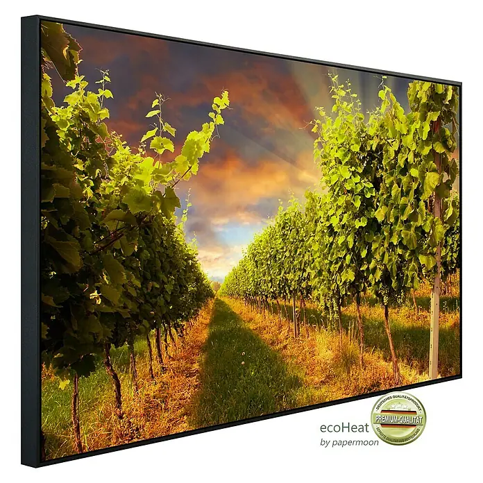 Papermoon Infrarot-Bildheizkörper Weinberg im Sonnenuntergang - 120 x 60 cm, 1.200 W - Diagonale Ansicht