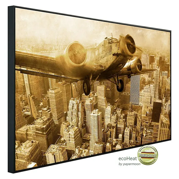 Papermoon Infrarot-Bildheizkörper Flugzeug über Manhattan - 120 x 60 cm, 750 W - Diagonale Ansicht