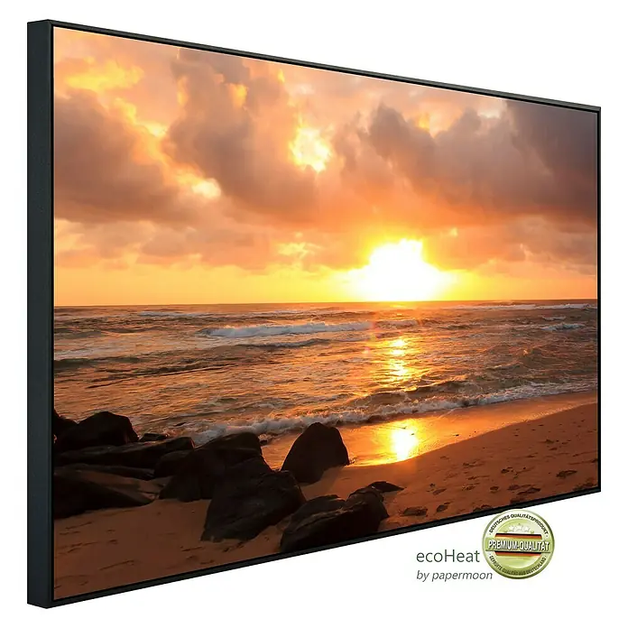 Papermoon Infrarot-Bildheizkörper Sonnenaufgang über Lihue Beach - 80 x 60 cm, 450 W - Diagonale Ansicht