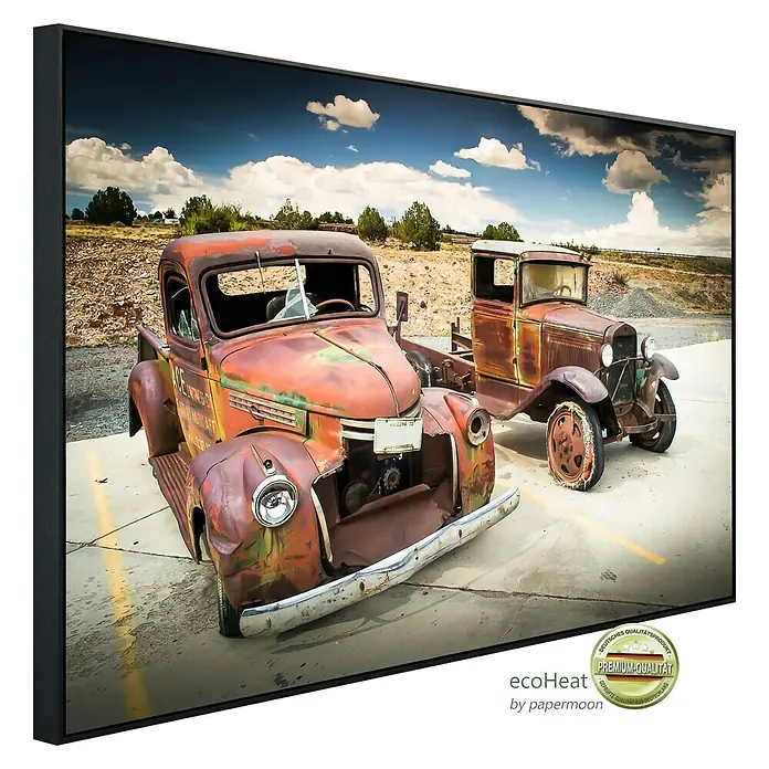 Papermoon Infrarot-Bildheizkörper Verlassene alte Autos - 120 x 60 cm, 750 W - Diagonale Ansicht