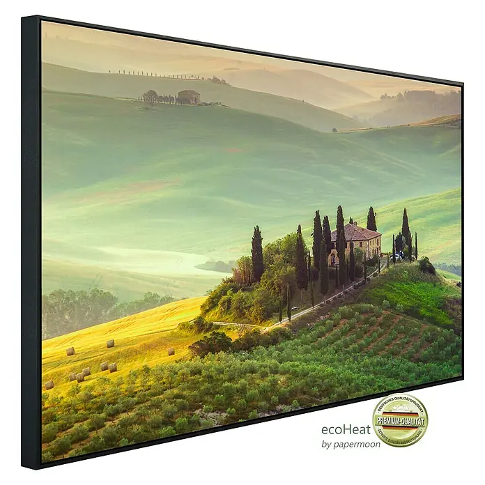 Papermoon Infrarot-Bildheizkörper Toskana Farm Landschaft - 100 x 60 cm, 600 W - Diagonale Ansicht