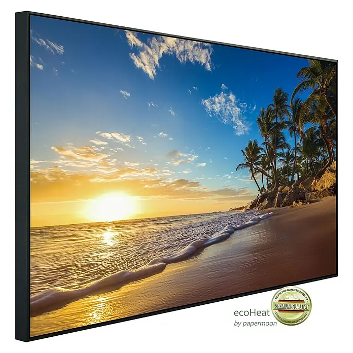 Papermoon Infrarot-Bildheizkörper Tropischer Strand im Sonnenaufgang - 120 x 60 cm, 900 W - Diagonale Ansicht