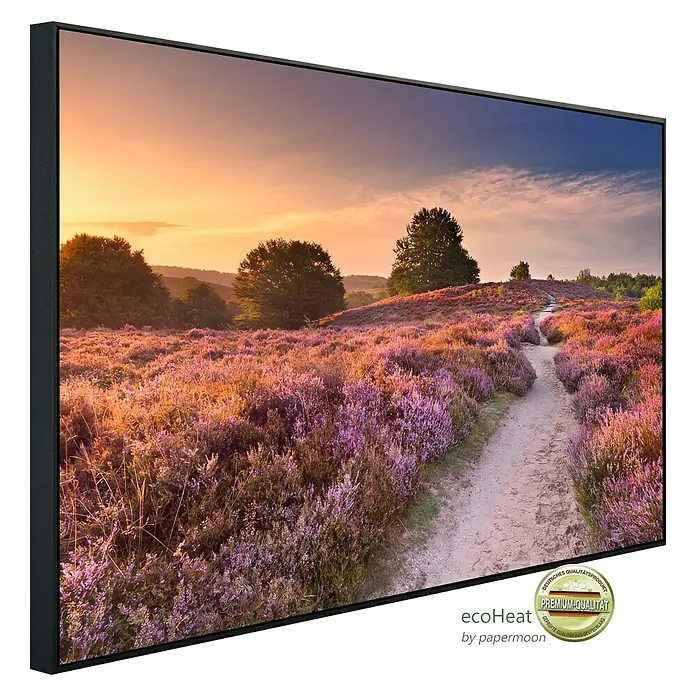 Papermoon Infrarot-Bildheizkörper Blühende Heide bei Sonnenaufgang - 120 x 60 cm, 1.200 W - Diagonale Ansicht