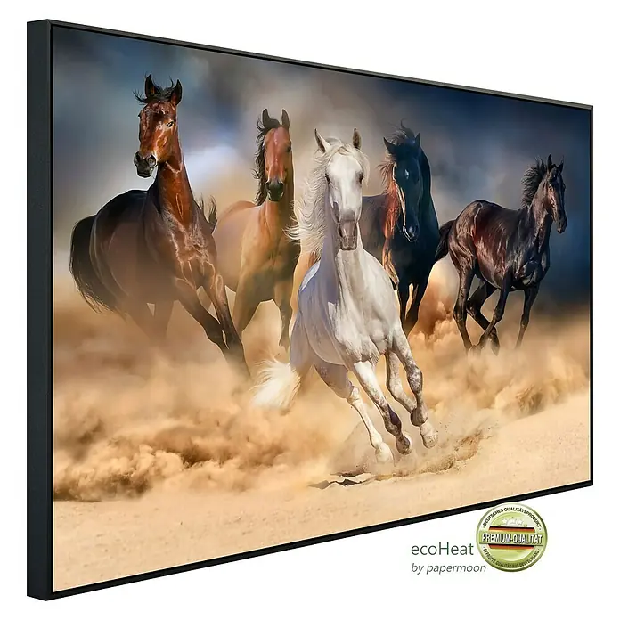 Papermoon Infrarot-Bildheizkörper Pferdeherde im Galopp - 100 x 60 cm, 600 W - Diagonale Ansicht