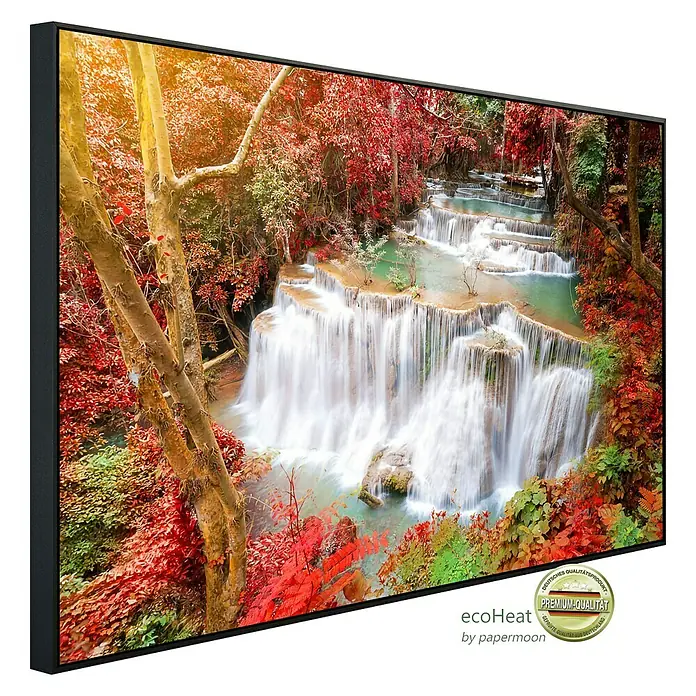 Papermoon Infrarot-Bildheizkörper Huay Mae Kamin Herbst Wasserfall - 120 x 60 cm, 900 W - Diagonale Ansicht