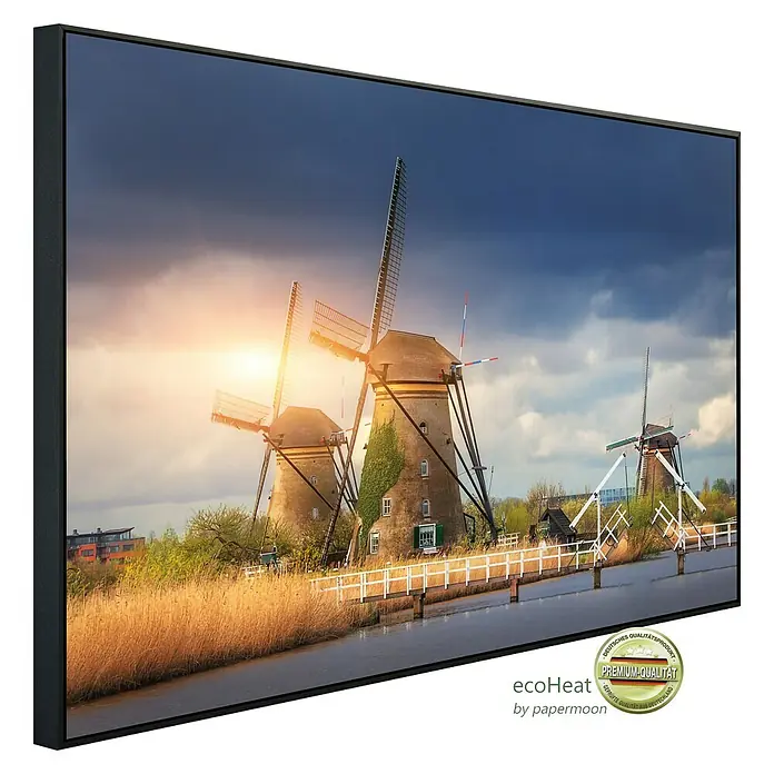 Papermoon Infrarot-Bildheizkörper Windmühlen Kinderdijk Sonnenuntergang - 100 x 60 cm, 600 W - Diagonale Ansicht